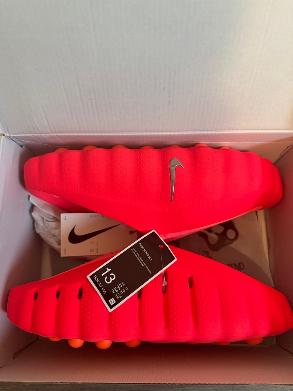 Size 13-Nike Mind 001 Solar Red Foam Slide Sandals with Silver Swoosh